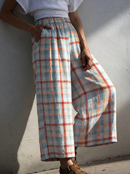 Women's Fashion Long Plaid Wide Leg Pants, Loose Fit, Woven Fabric, With Pockets, Bohemian Style, Aesthetic