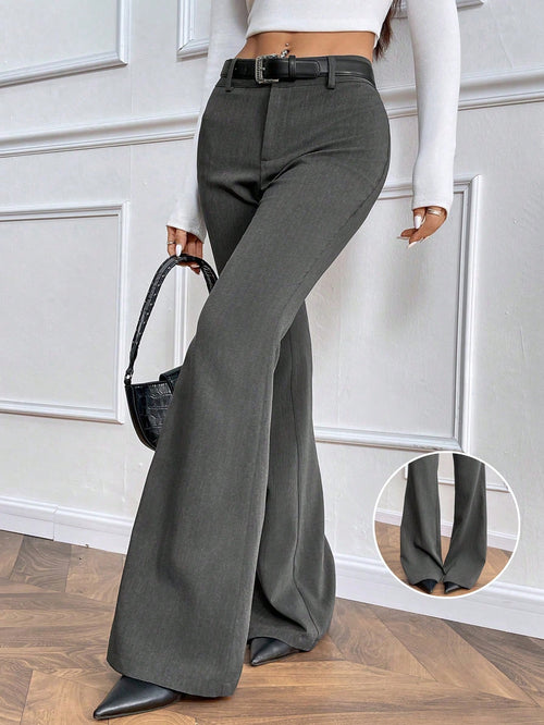 Women's Fashion Low Waist Flared Fly Front Trousers, Dark Grey, TR Twill Fabric, Autumn/Winter Fall Cloth For Women