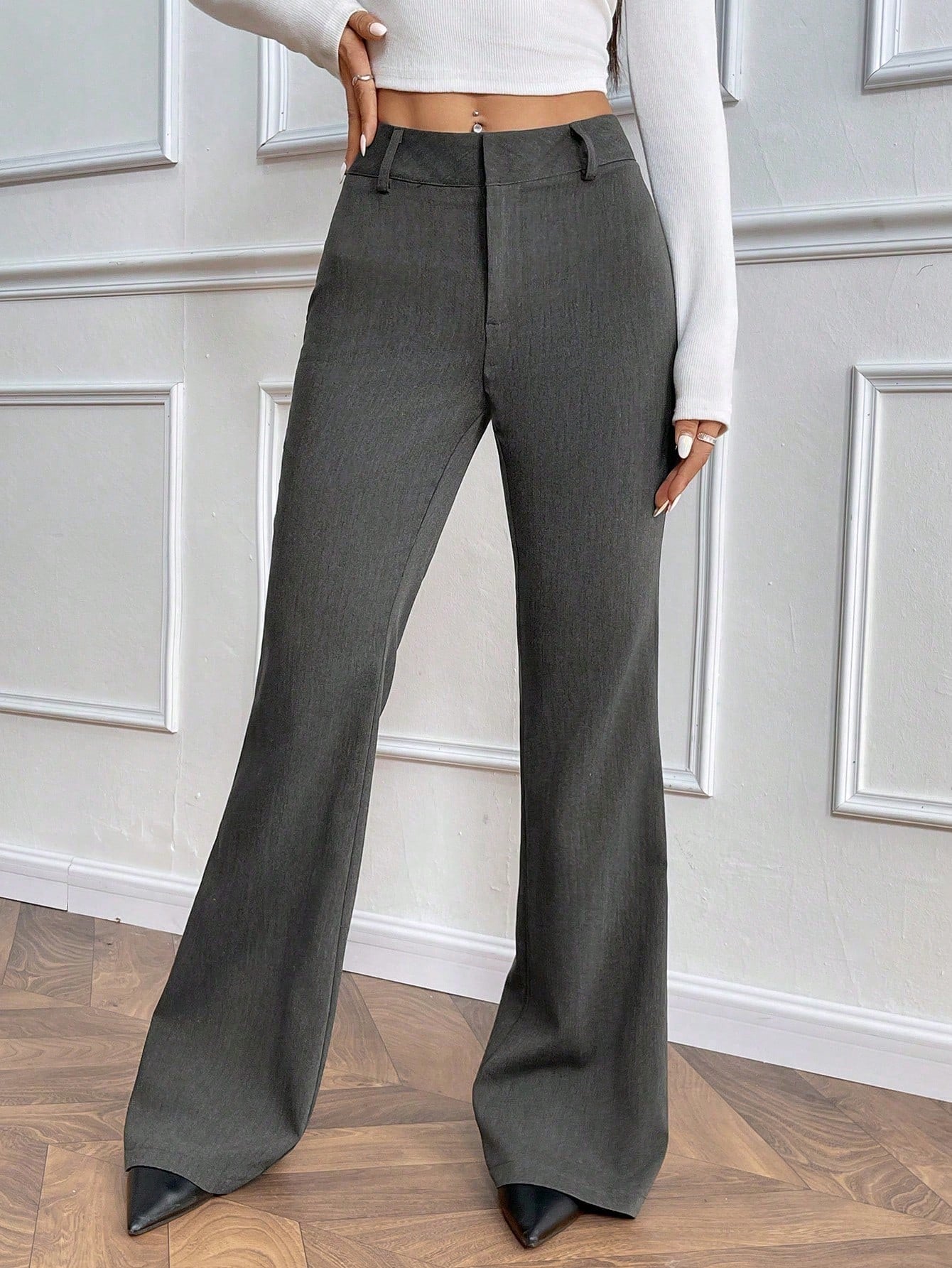 Women's Fashion Low Waist Flared Fly Front Trousers, Dark Grey, TR Twill Fabric, Autumn/Winter Fall Cloth For Women