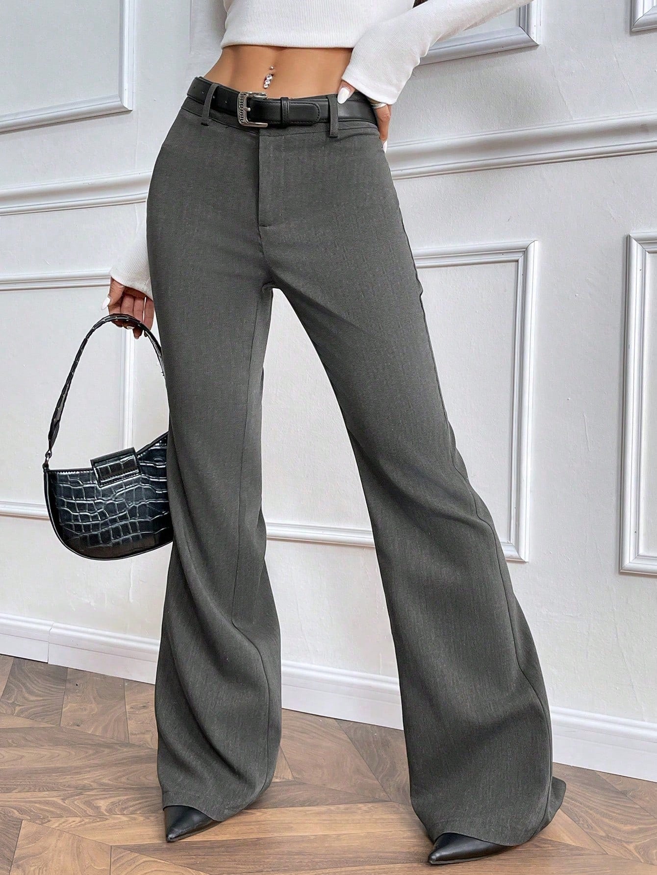 Women's Fashion Low Waist Flared Fly Front Trousers, Dark Grey, TR Twill Fabric, Autumn/Winter Fall Cloth For Women