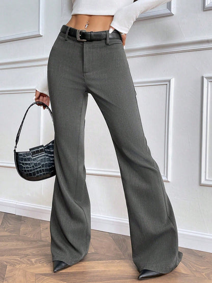 Women's Fashion Low Waist Flared Fly Front Trousers, Dark Grey, TR Twill Fabric, Autumn/Winter Fall Cloth For Women