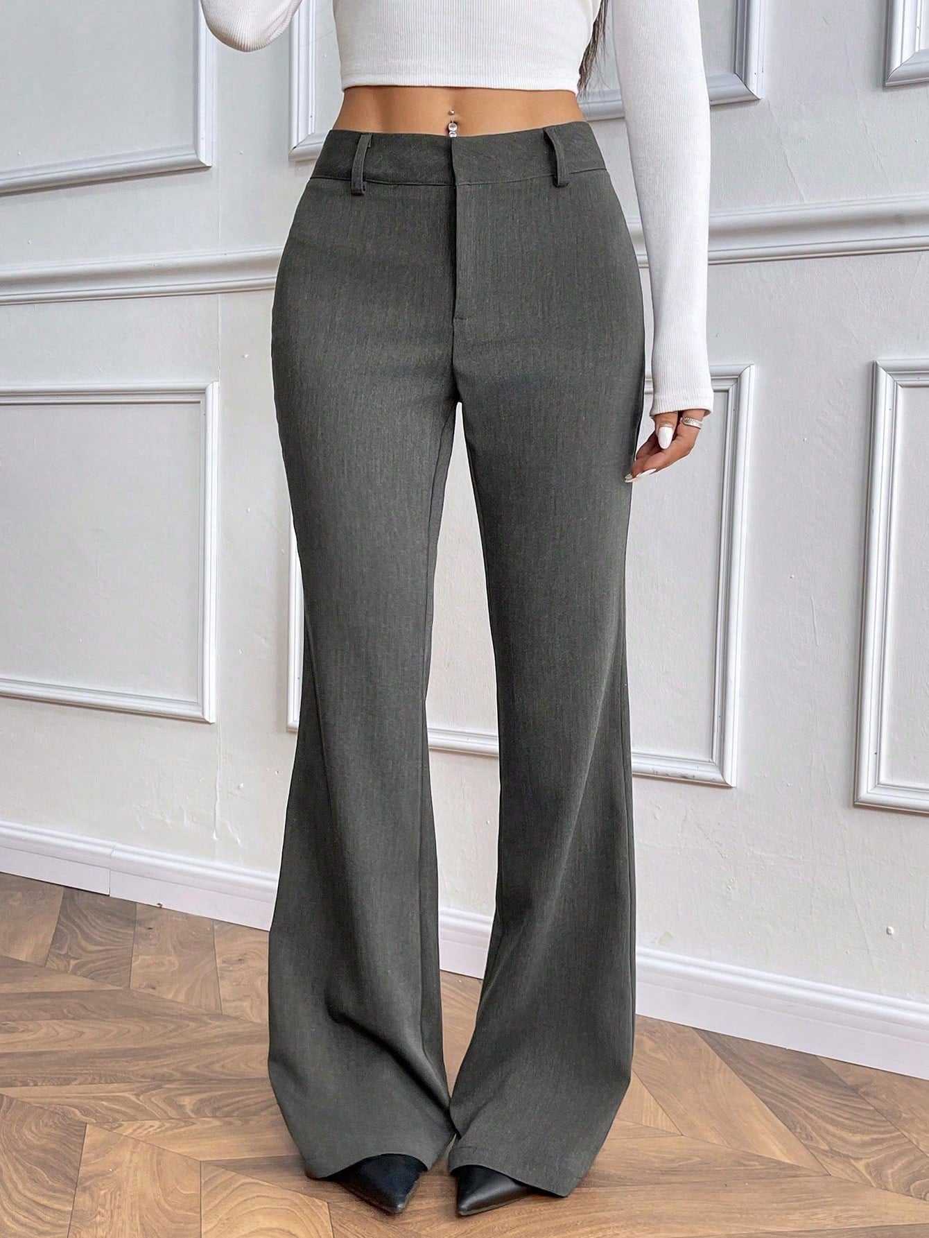 Women's Fashion Low Waist Flared Fly Front Trousers, Dark Grey, TR Twill Fabric, Autumn/Winter Fall Cloth For Women