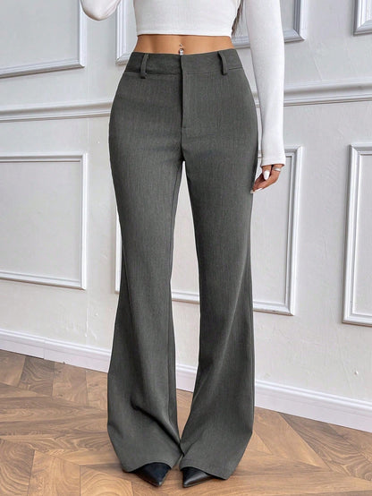 Women's Fashion Low Waist Flared Fly Front Trousers, Dark Grey, TR Twill Fabric, Autumn/Winter Fall Cloth For Women