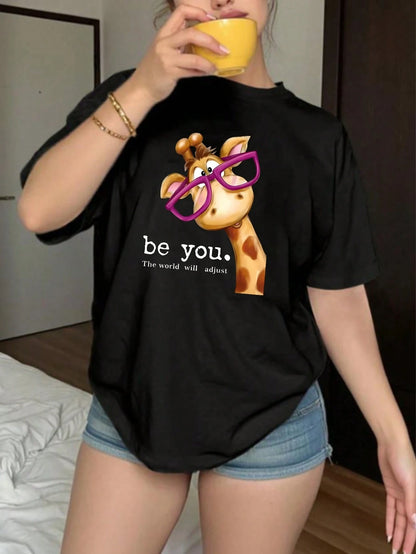 Women's Fashion Printed Cotton T-Shirt, Basic Top, Daily Casual All-Match Style, American Fashion Design, Slim Fit, Breathable & Sweat-Absorbent