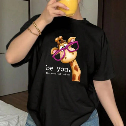 Women's Fashion Printed Cotton T-Shirt, Basic Top, Daily Casual All-Match Style, American Fashion Design, Slim Fit, Breathable & Sweat-Absorbent