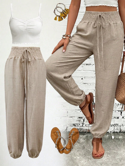 Women's Fashionable Commuter Solid Color Linen-Like Drawstring Waist Pocket Long Pants, Stylish Casual Trousers, Work To Weekend, Quiet Luxury