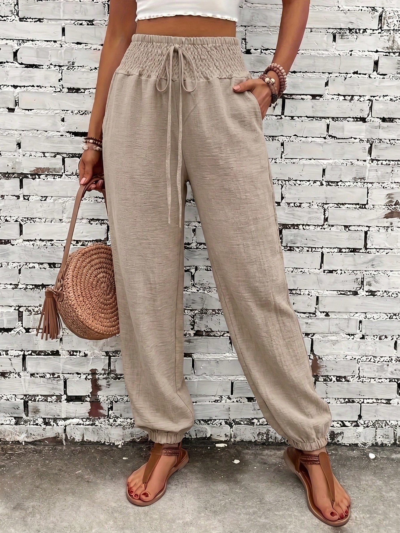 Women's Fashionable Commuter Solid Color Linen-Like Drawstring Waist Pocket Long Pants, Stylish Casual Trousers, Work To Weekend, Quiet Luxury