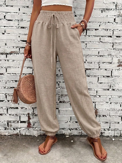 Women's Fashionable Commuter Solid Color Linen-Like Drawstring Waist Pocket Long Pants, Stylish Casual Trousers, Work To Weekend, Quiet Luxury