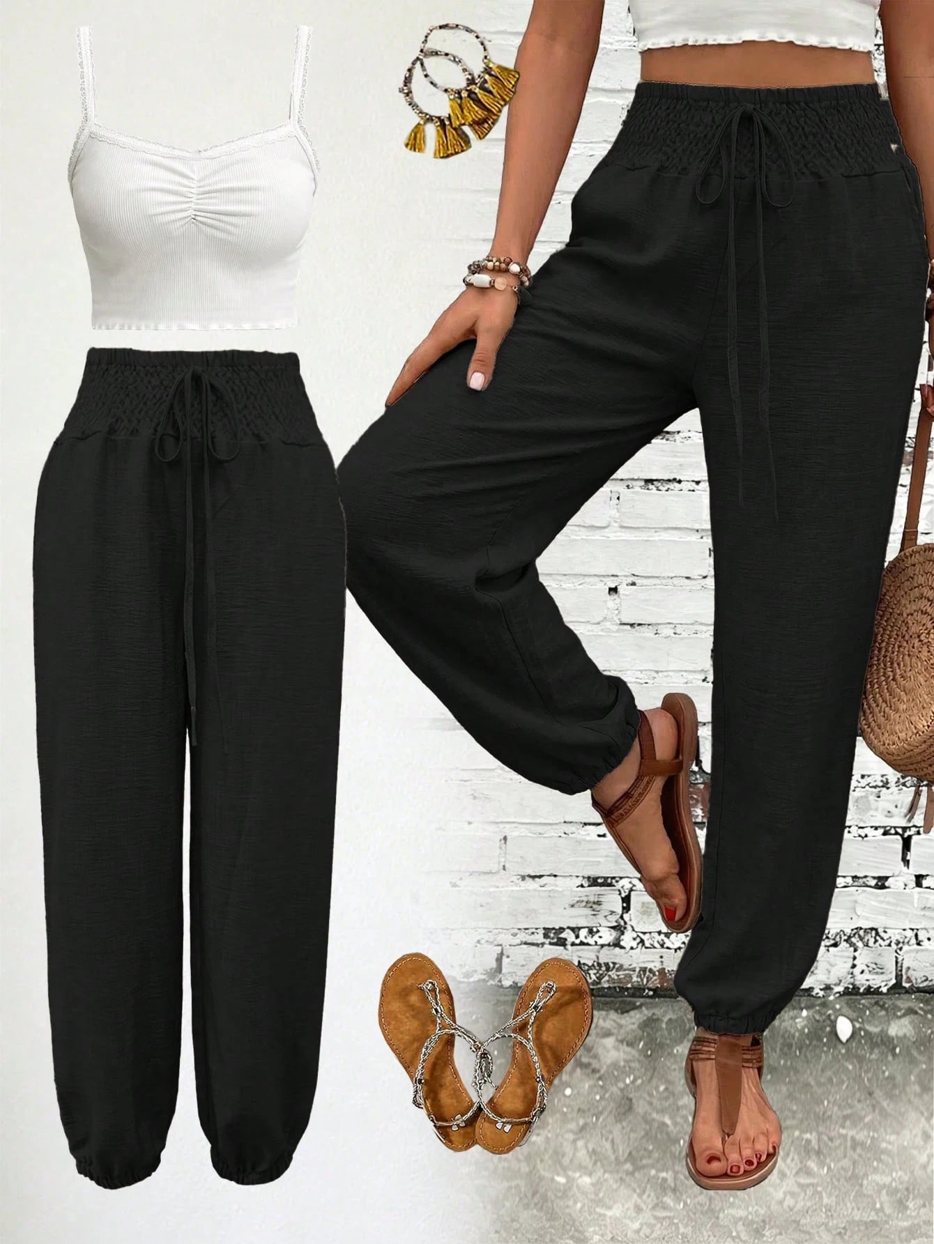 Women's Fashionable Commuter Solid Color Linen-Like Drawstring Waist Pocket Long Pants, Stylish Casual Trousers, Work To Weekend, Quiet Luxury