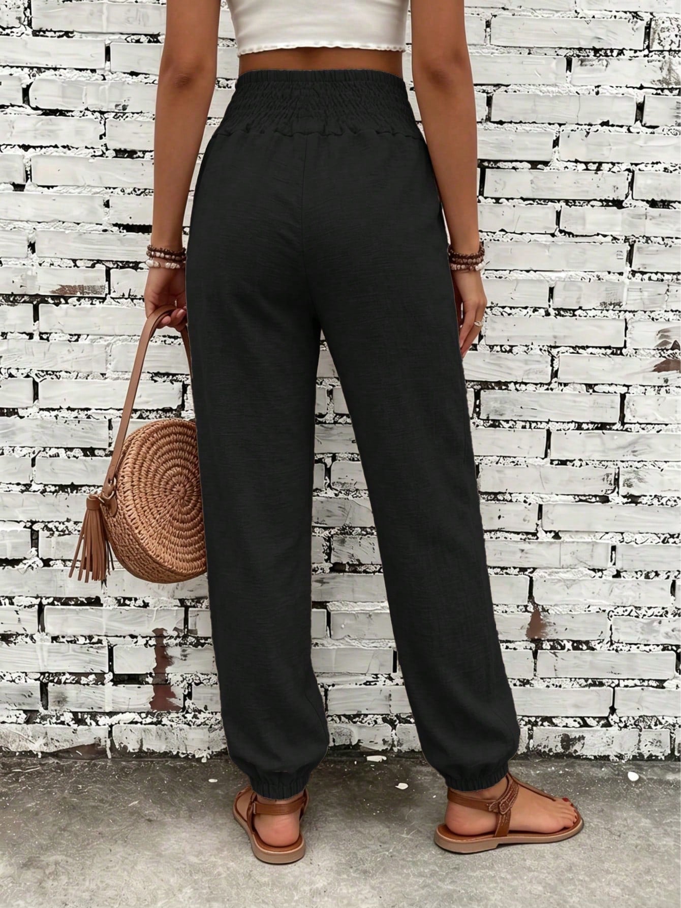 Women's Fashionable Commuter Solid Color Linen-Like Drawstring Waist Pocket Long Pants, Stylish Casual Trousers, Work To Weekend, Quiet Luxury