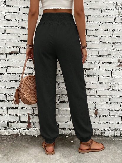 Women's Fashionable Commuter Solid Color Linen-Like Drawstring Waist Pocket Long Pants, Stylish Casual Trousers, Work To Weekend, Quiet Luxury