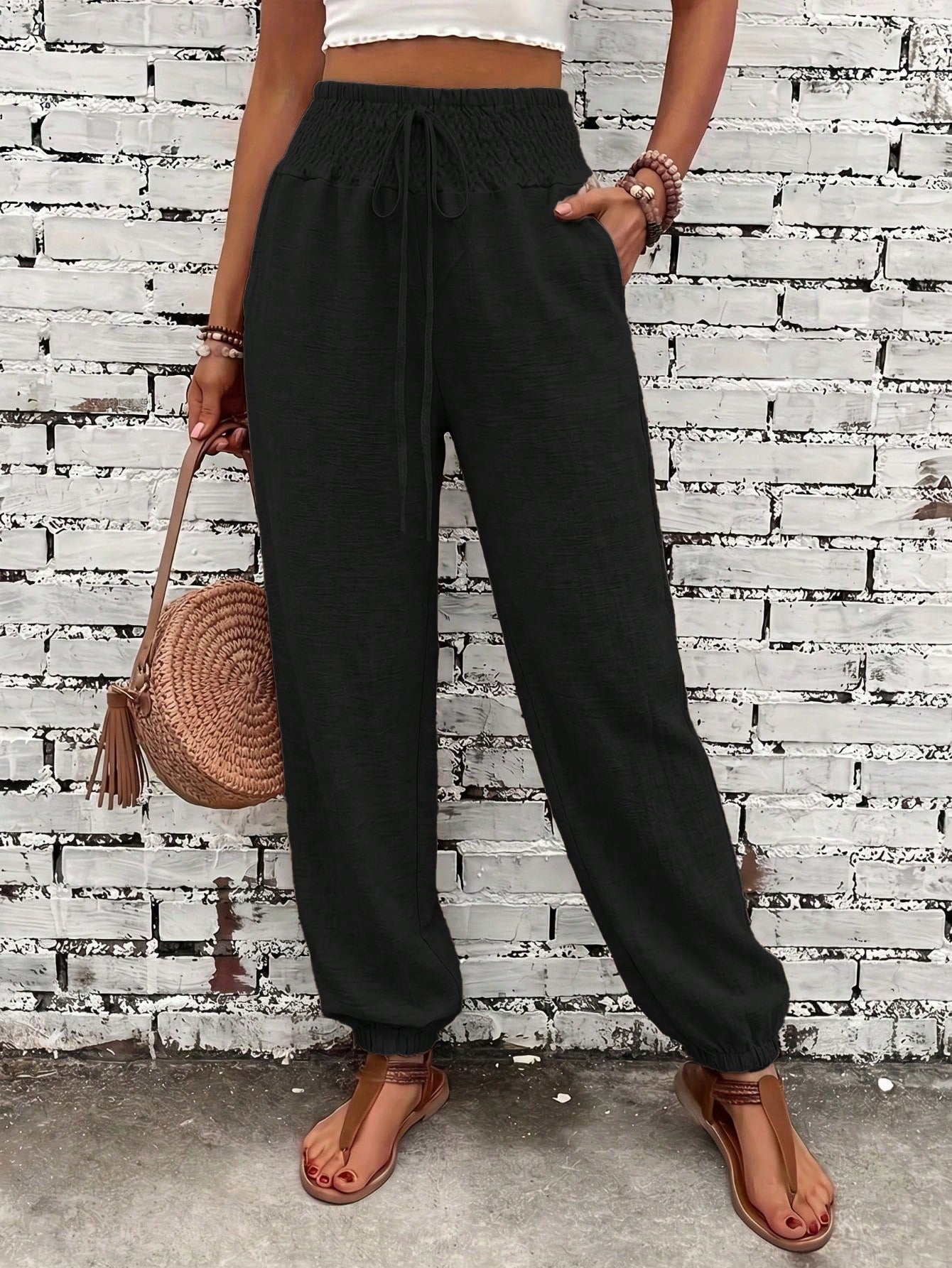 Women's Fashionable Commuter Solid Color Linen-Like Drawstring Waist Pocket Long Pants, Stylish Casual Trousers, Work To Weekend, Quiet Luxury