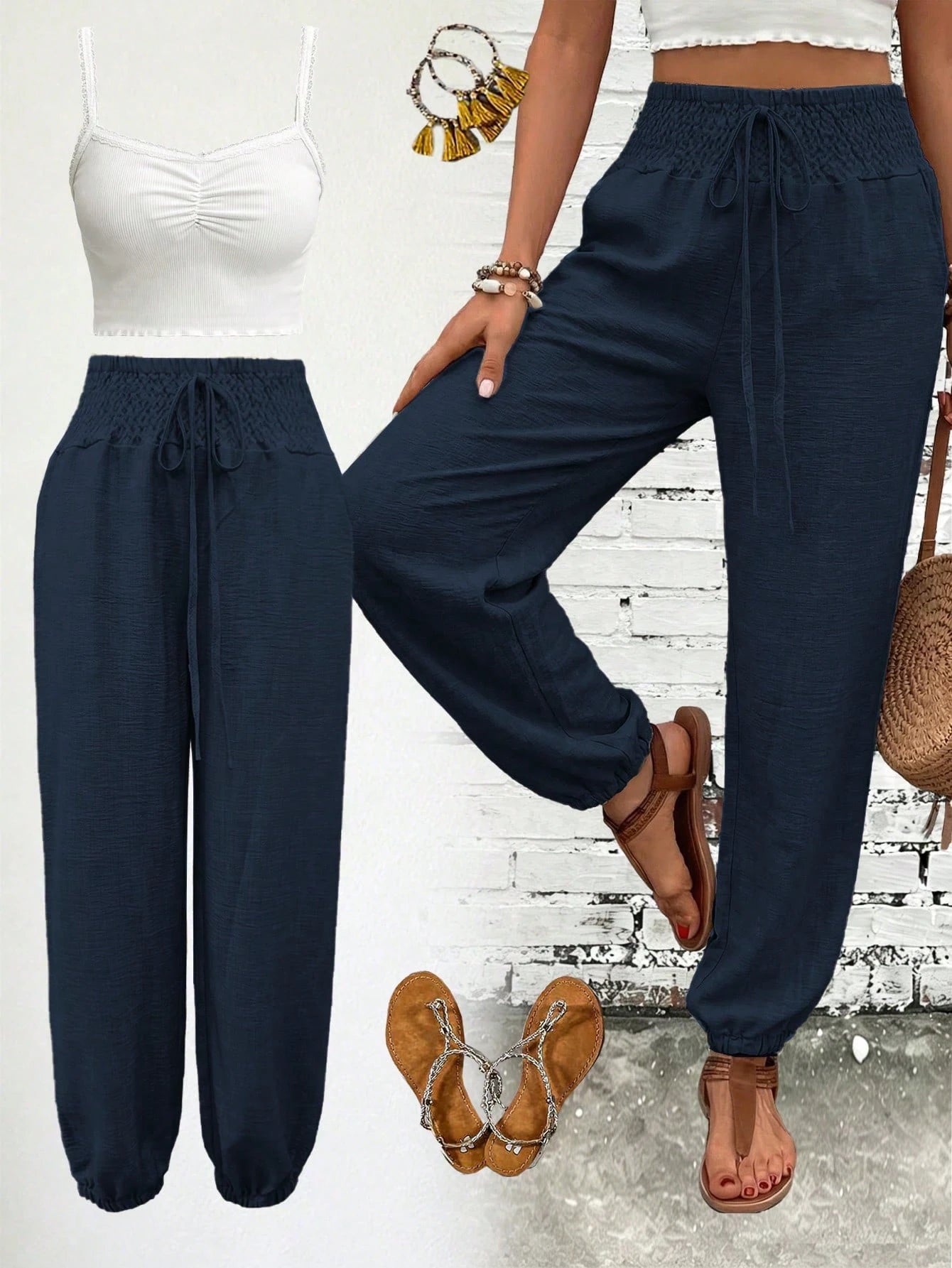 Women's Fashionable Commuter Solid Color Linen-Like Drawstring Waist Pocket Long Pants, Stylish Casual Trousers, Work To Weekend, Quiet Luxury