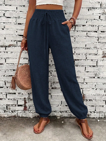 Women's Fashionable Commuter Solid Color Linen-Like Drawstring Waist Pocket Long Pants, Stylish Casual Trousers, Work To Weekend, Quiet Luxury