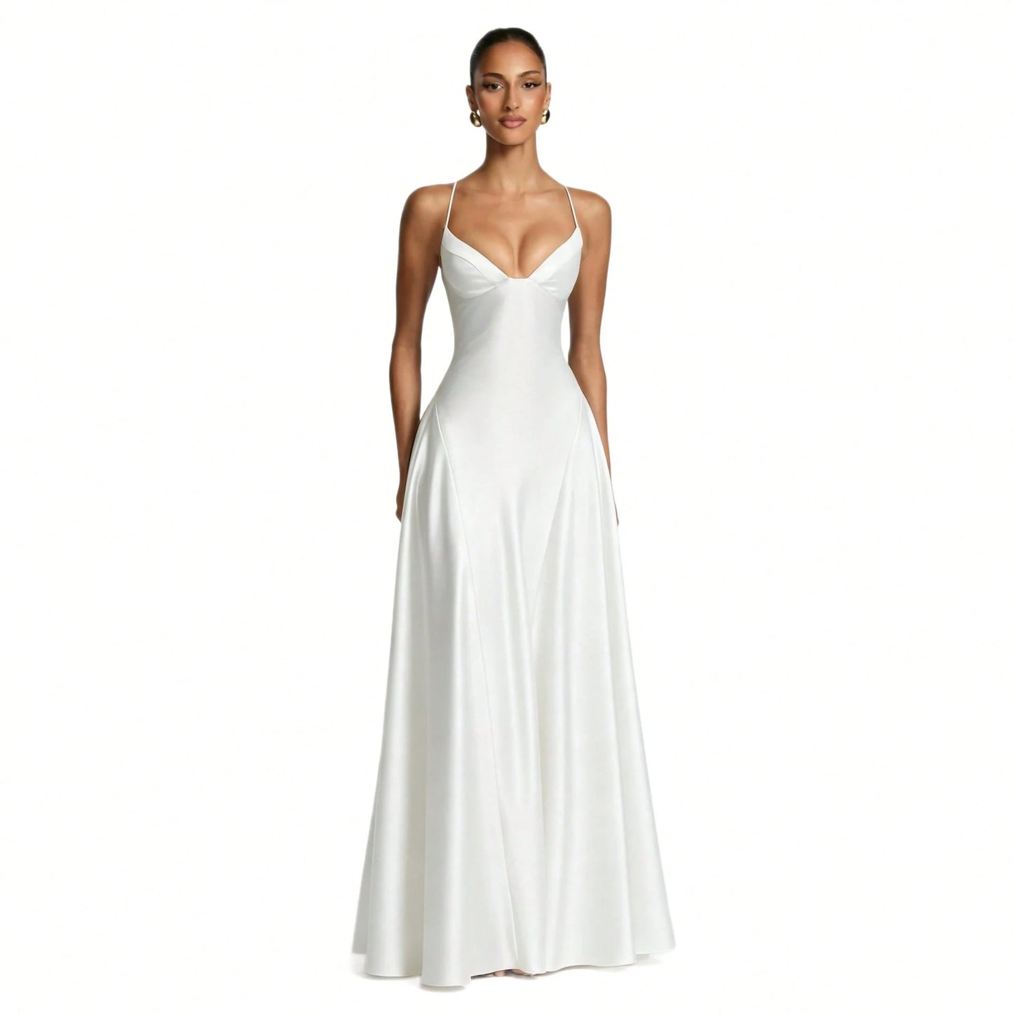 Women's Glossy Satin Long Evening Dress Thin Spaghetti Strap V Neck Seamed Waist Flared Swing Formal Party Long Dress