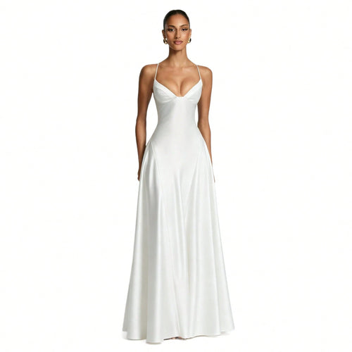Women's Glossy Satin Long Evening Dress Thin Spaghetti Strap V Neck Seamed Waist Flared Swing Formal Party Long Dress