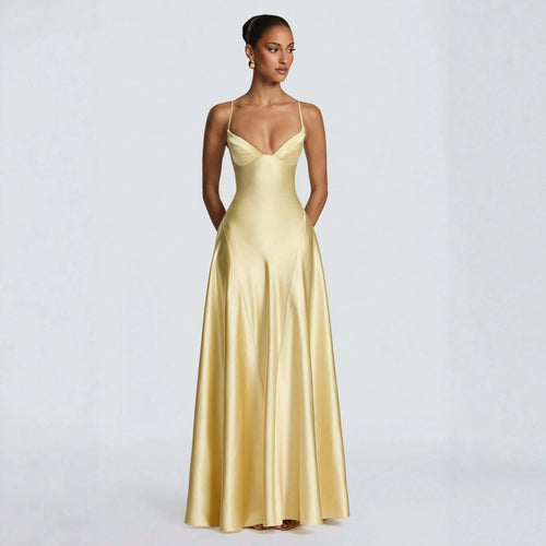 Women's Glossy Satin Long Evening Dress Thin Spaghetti Strap V Neck Seamed Waist Flared Swing Formal Party Long Dress