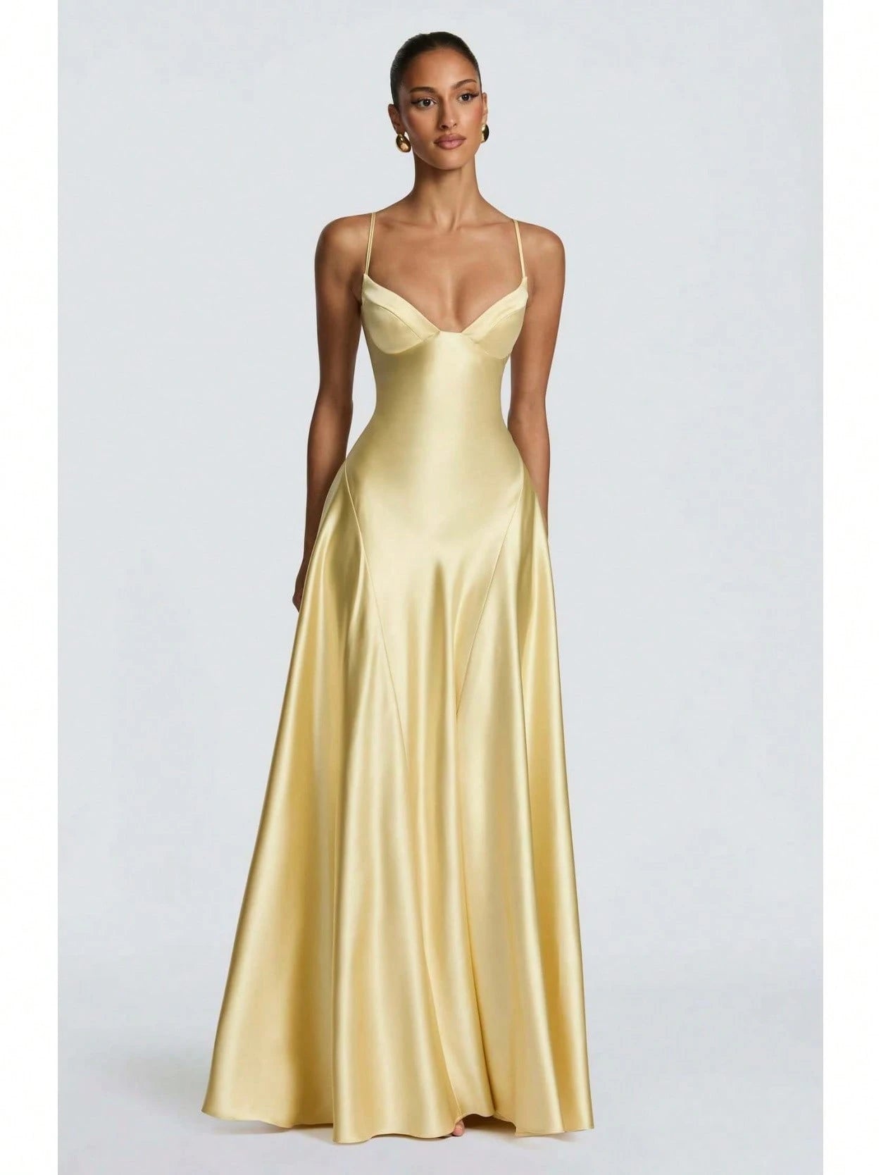 Women's Glossy Satin Long Evening Dress Thin Spaghetti Strap V Neck Seamed Waist Flared Swing Formal Party Long Dress