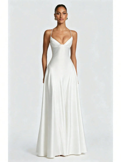 Women's Glossy Satin Long Evening Dress Thin Spaghetti Strap V Neck Seamed Waist Flared Swing Formal Party Long Dress