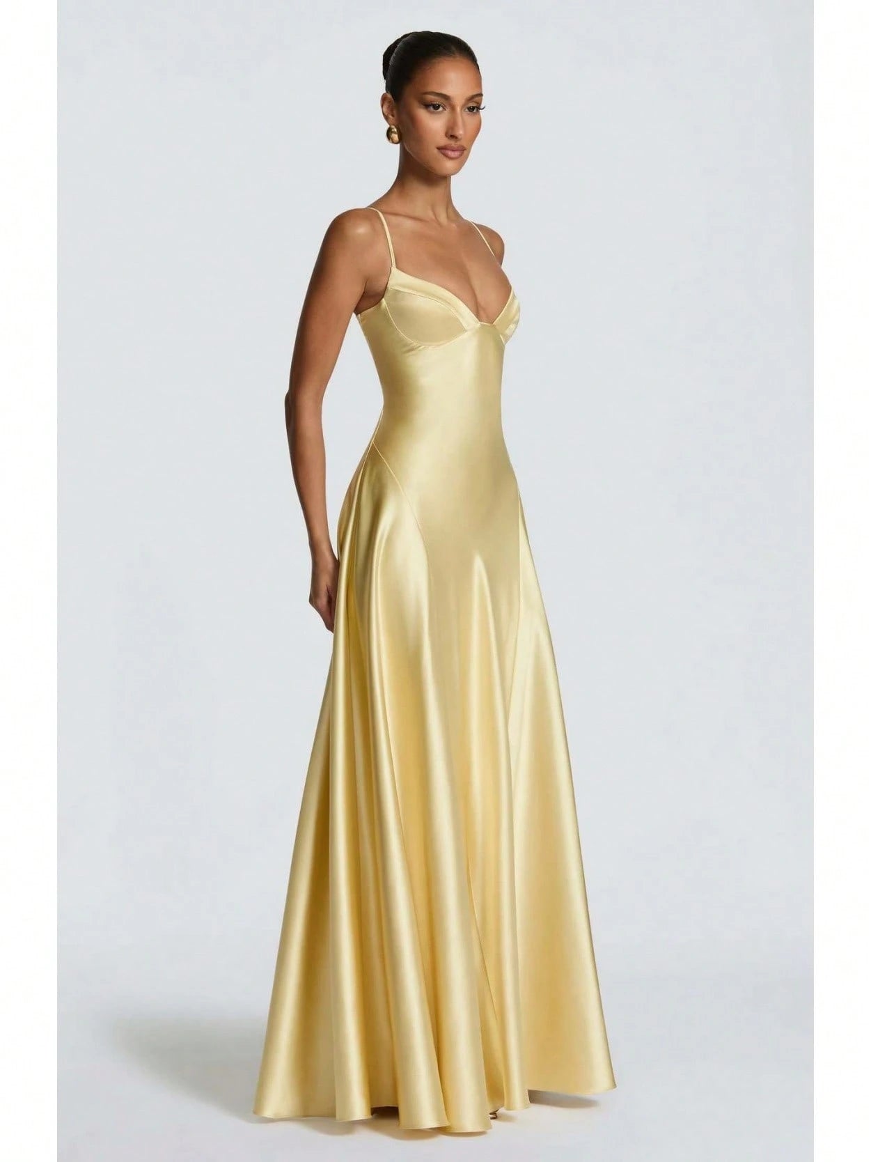Women's Glossy Satin Long Evening Dress Thin Spaghetti Strap V Neck Seamed Waist Flared Swing Formal Party Long Dress