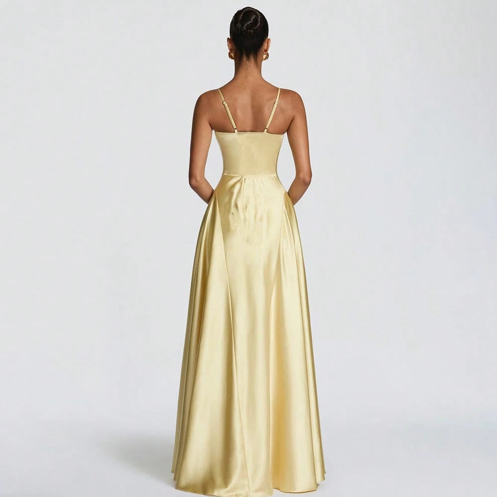Women's Glossy Satin Long Evening Dress Thin Spaghetti Strap V Neck Seamed Waist Flared Swing Formal Party Long Dress