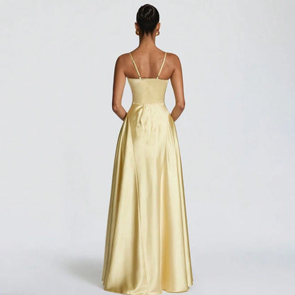 Women's Glossy Satin Long Evening Dress Thin Spaghetti Strap V Neck Seamed Waist Flared Swing Formal Party Long Dress