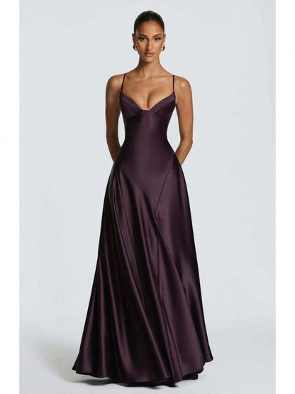 Women's Glossy Satin Long Evening Dress Thin Spaghetti Strap V Neck Seamed Waist Flared Swing Formal Party Long Dress
