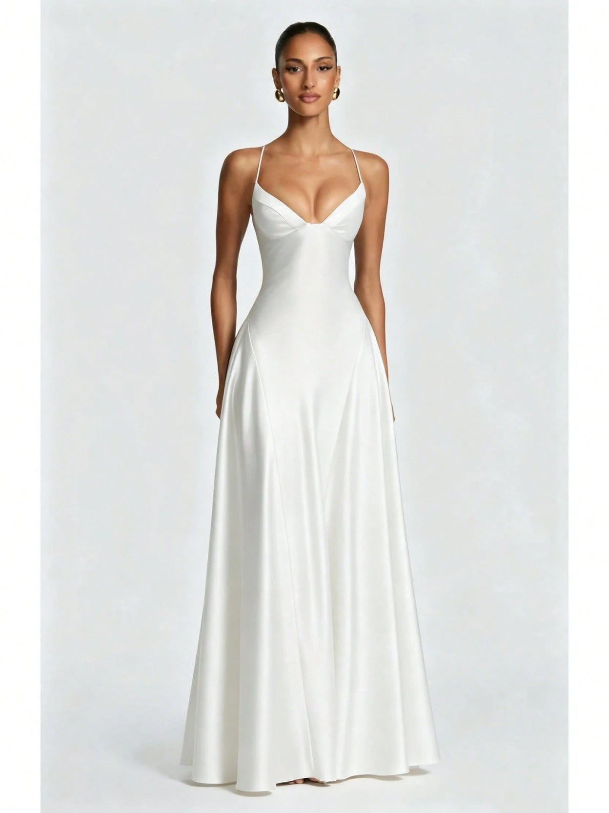 Women's Glossy Satin Long Evening Dress Thin Spaghetti Strap V Neck Seamed Waist Flared Swing Formal Party Long Dress