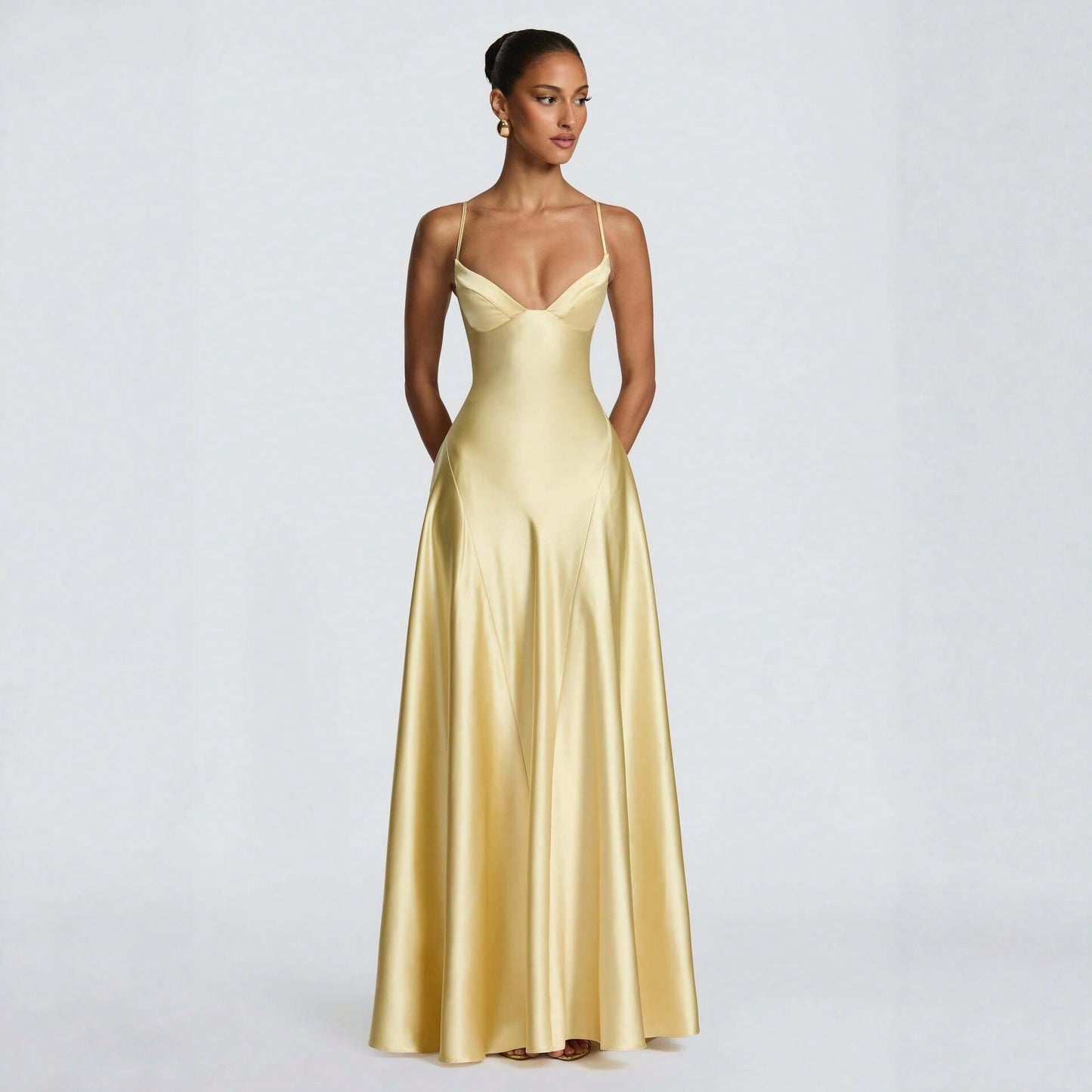 Women's Glossy Satin Long Evening Dress Thin Spaghetti Strap V Neck Seamed Waist Flared Swing Formal Party Long Dress