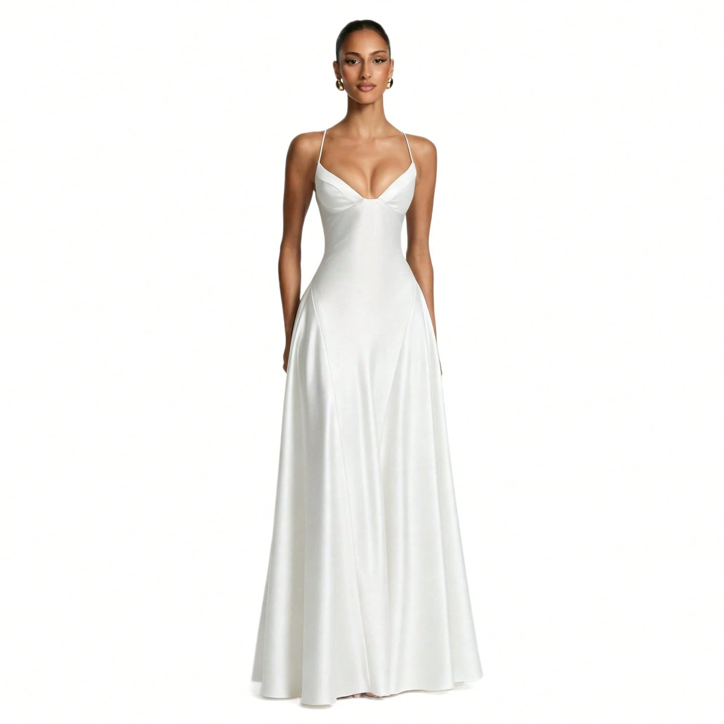 Women's Glossy Satin Long Evening Dress Thin Spaghetti Strap V Neck Seamed Waist Flared Swing Formal Party Long Dress