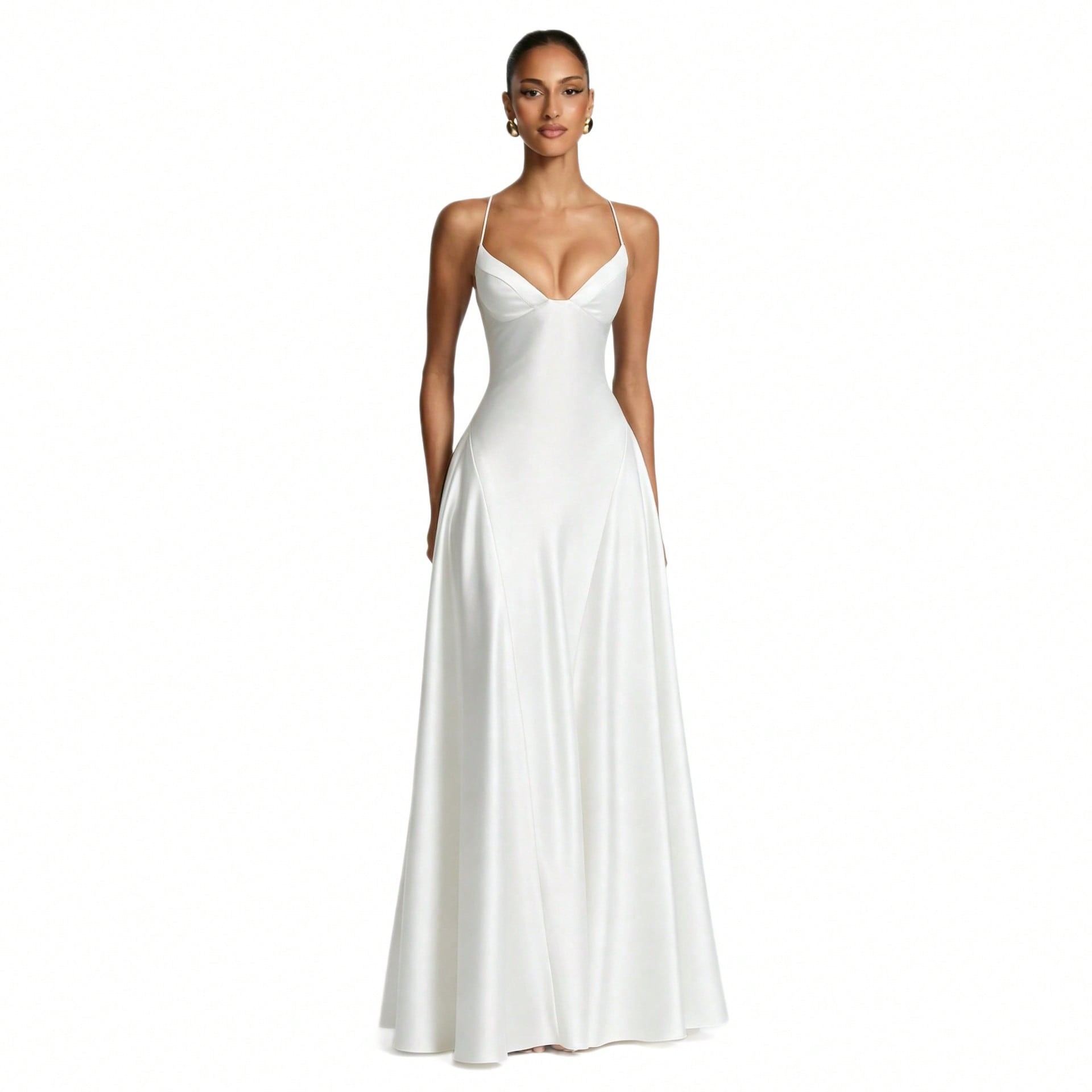 Women's Glossy Satin Long Evening Dress Thin Spaghetti Strap V Neck Seamed Waist Flared Swing Formal Party Long Dress