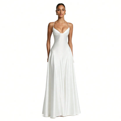 Women's Glossy Satin Long Evening Dress Thin Spaghetti Strap V Neck Seamed Waist Flared Swing Formal Party Long Dress