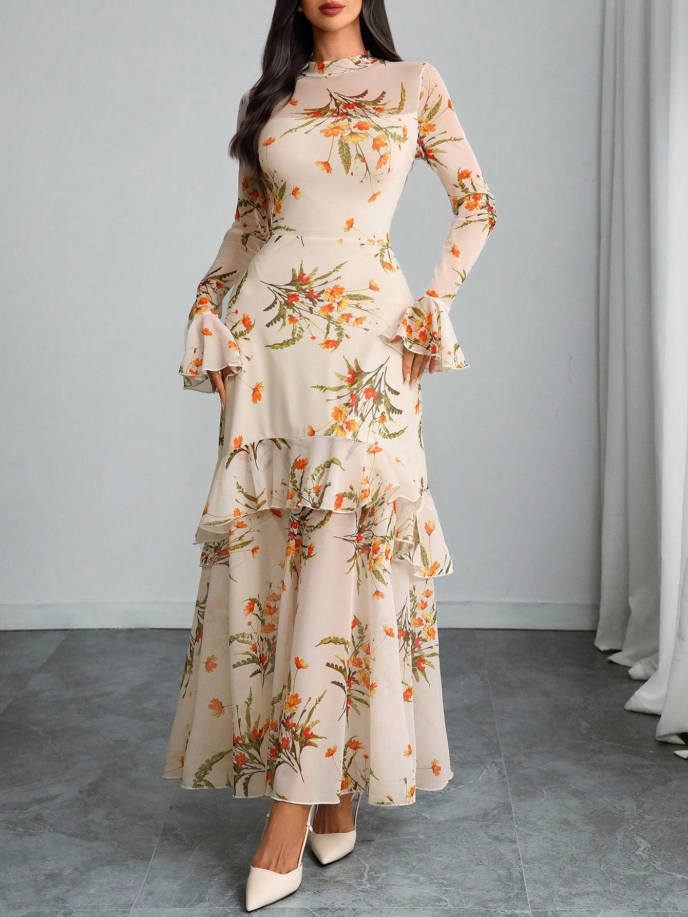 Women's Gothic Elegant Sexy Mesh Patchwork Colorful Floral Print Retro Flare Sleeve Ruffle Hem Fishtail Double Layer Dress