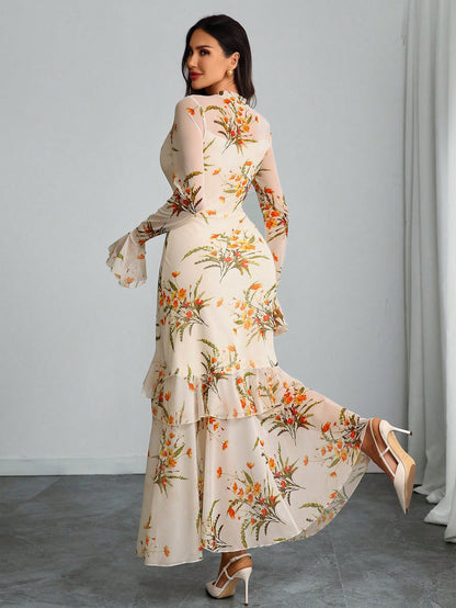 Women's Gothic Elegant Sexy Mesh Patchwork Colorful Floral Print Retro Flare Sleeve Ruffle Hem Fishtail Double Layer Dress