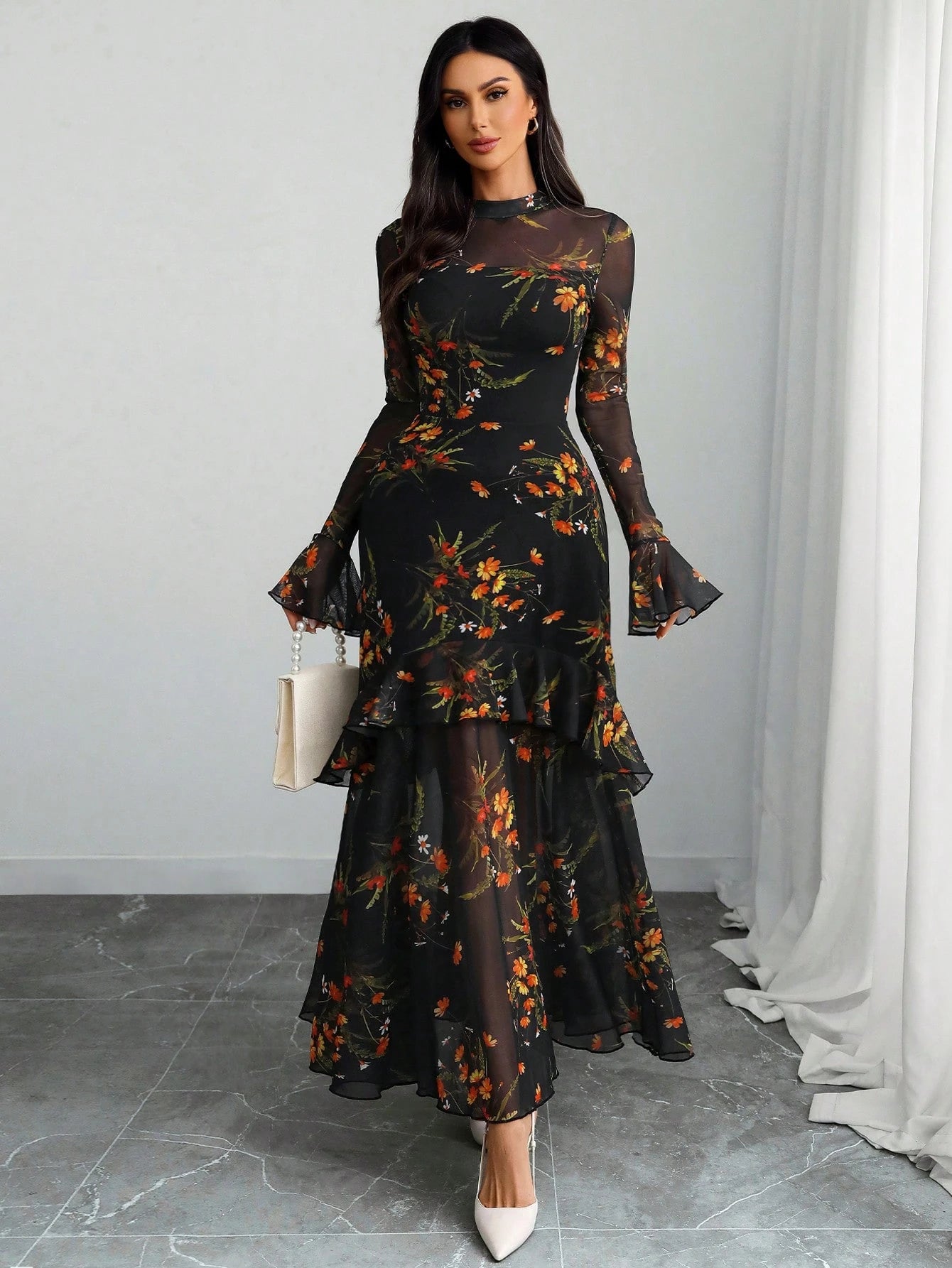 Women's Gothic Elegant Sexy Mesh Patchwork Colorful Floral Print Retro Flare Sleeve Ruffle Hem Fishtail Double Layer Dress