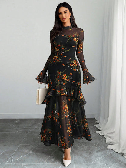 Women's Gothic Elegant Sexy Mesh Patchwork Colorful Floral Print Retro Flare Sleeve Ruffle Hem Fishtail Double Layer Dress