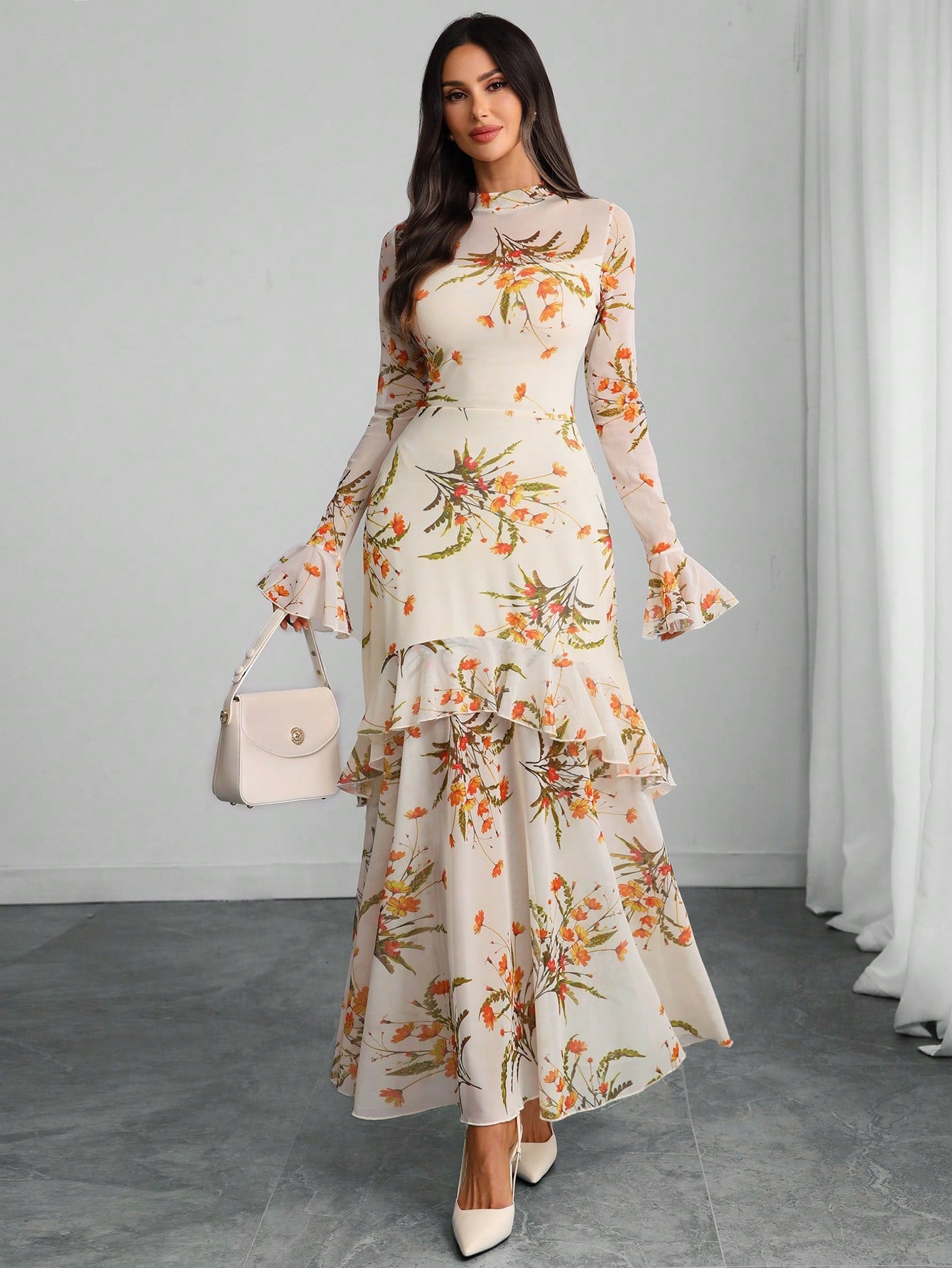 Women's Gothic Elegant Sexy Mesh Patchwork Colorful Floral Print Retro Flare Sleeve Ruffle Hem Fishtail Double Layer Dress