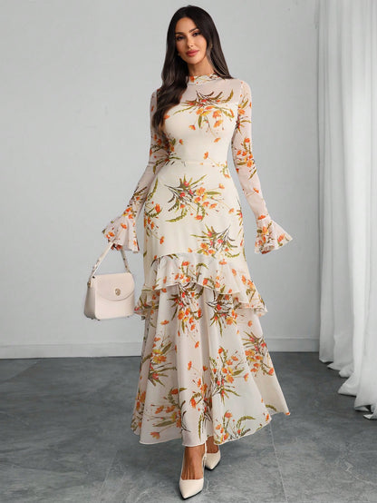 Women's Gothic Elegant Sexy Mesh Patchwork Colorful Floral Print Retro Flare Sleeve Ruffle Hem Fishtail Double Layer Dress