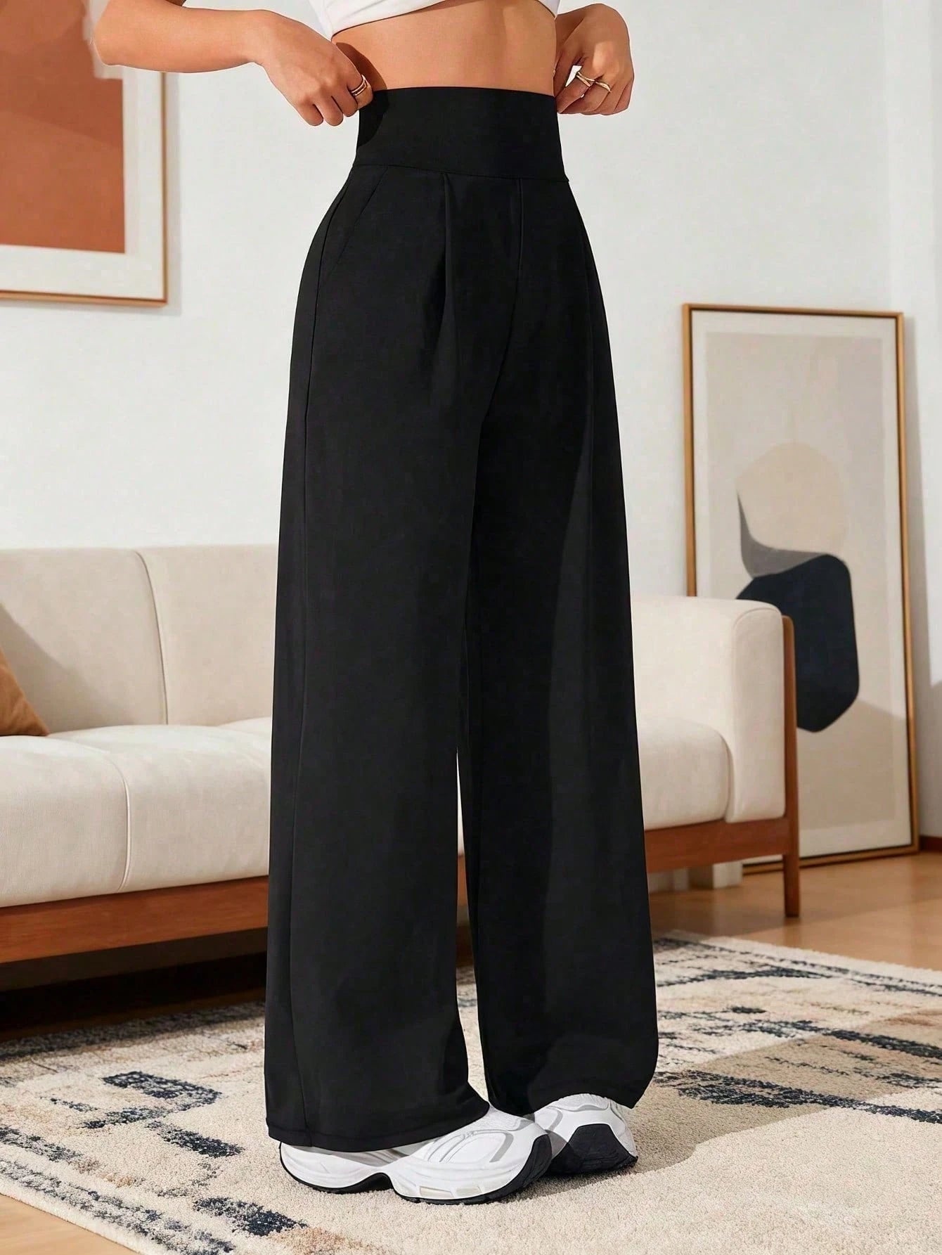 Women's High Waist Fashionable Loose Wide Leg Pants, Versatile Casual Loose Fit Spring Black