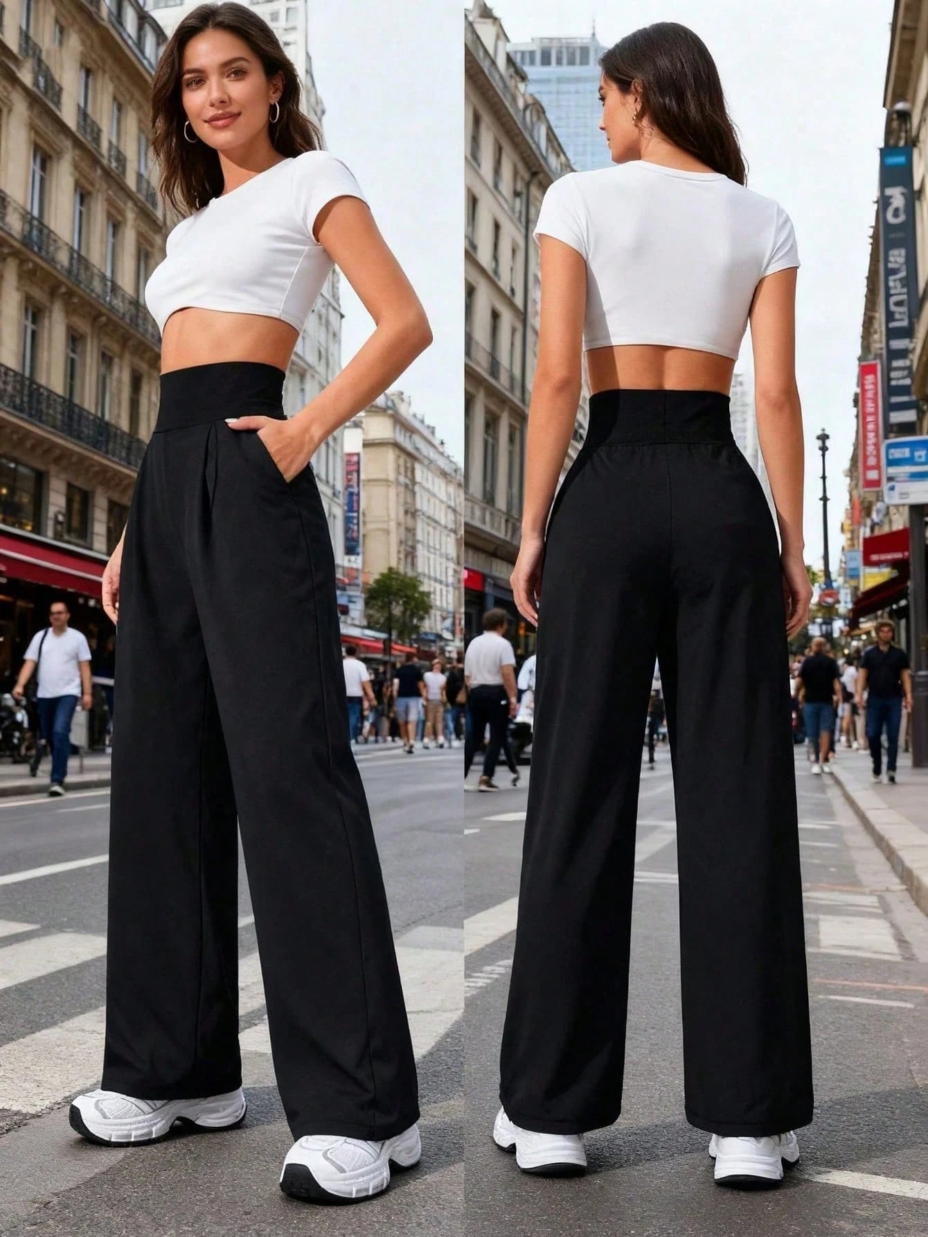 Women's High Waist Fashionable Loose Wide Leg Pants, Versatile Casual Loose Fit Spring Black