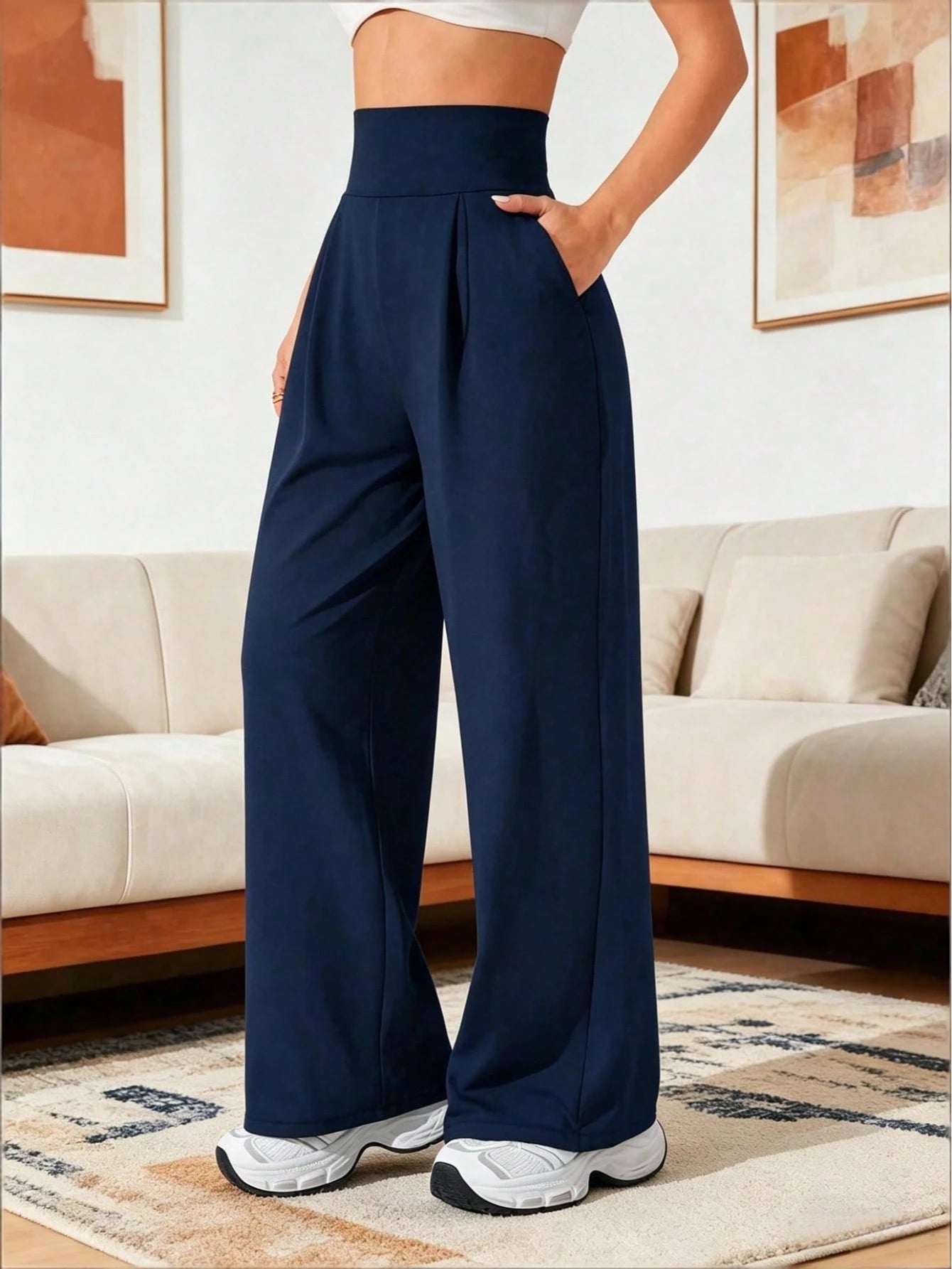 Women's High Waist Fashionable Loose Wide Leg Pants, Versatile Casual Loose Fit Spring Black