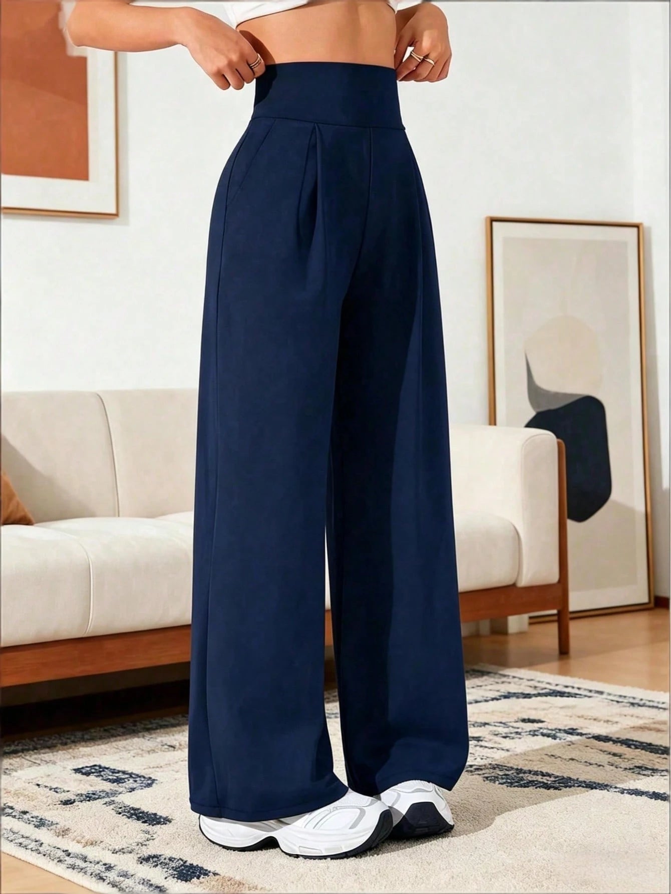 Women's High Waist Fashionable Loose Wide Leg Pants, Versatile Casual Loose Fit Spring Black