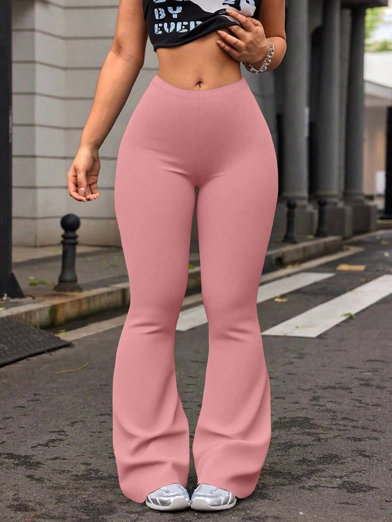 Women's High Waist Solid Color Flare Yoga Leggings, Workout Running Fitness Pants Pink Spring