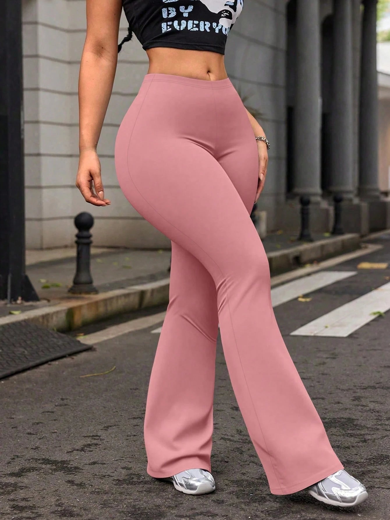 Women's High Waist Solid Color Flare Yoga Leggings, Workout Running Fitness Pants Pink Spring