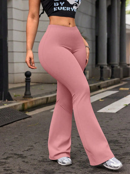 Women's High Waist Solid Color Flare Yoga Leggings, Workout Running Fitness Pants Pink Spring