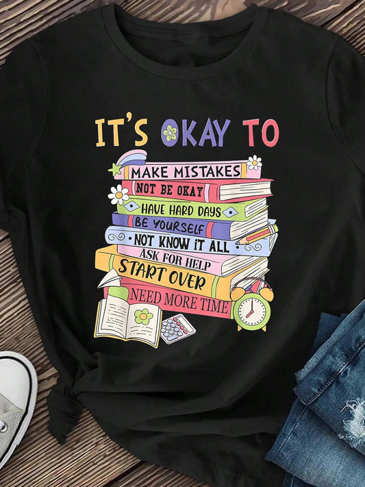 Women's It's Okay It's Okay Mental Health Awareness TShirt With Colorful Books And Floral Print Patterns Suitable For Summer And Autumn Simple And Fas