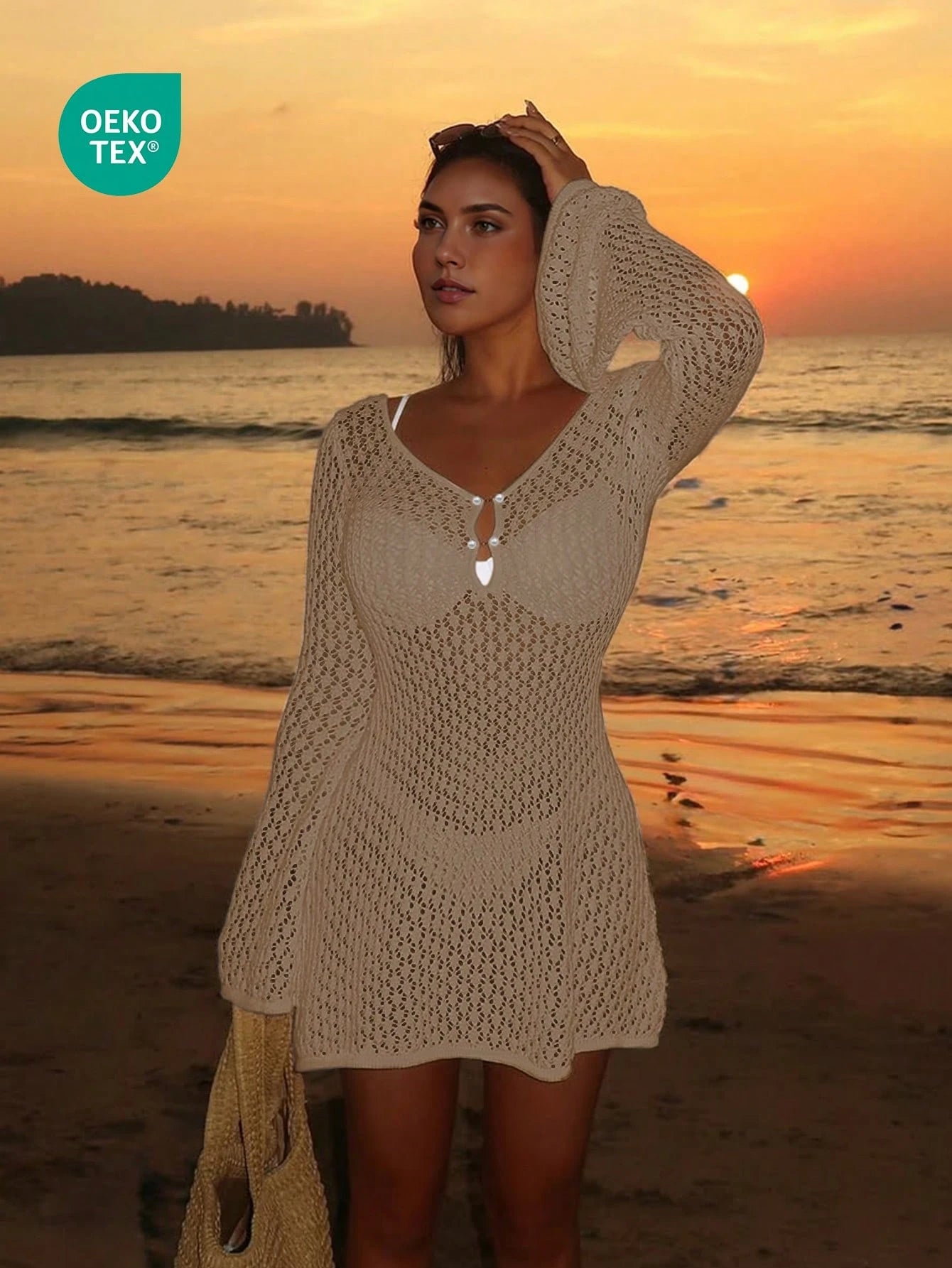 Women's Long Sleeve Hollow Out Swimsuit Cover Up, Elegant Bohemian Beach Resort Style, V-Neck Thin Skirt Vacation Summer