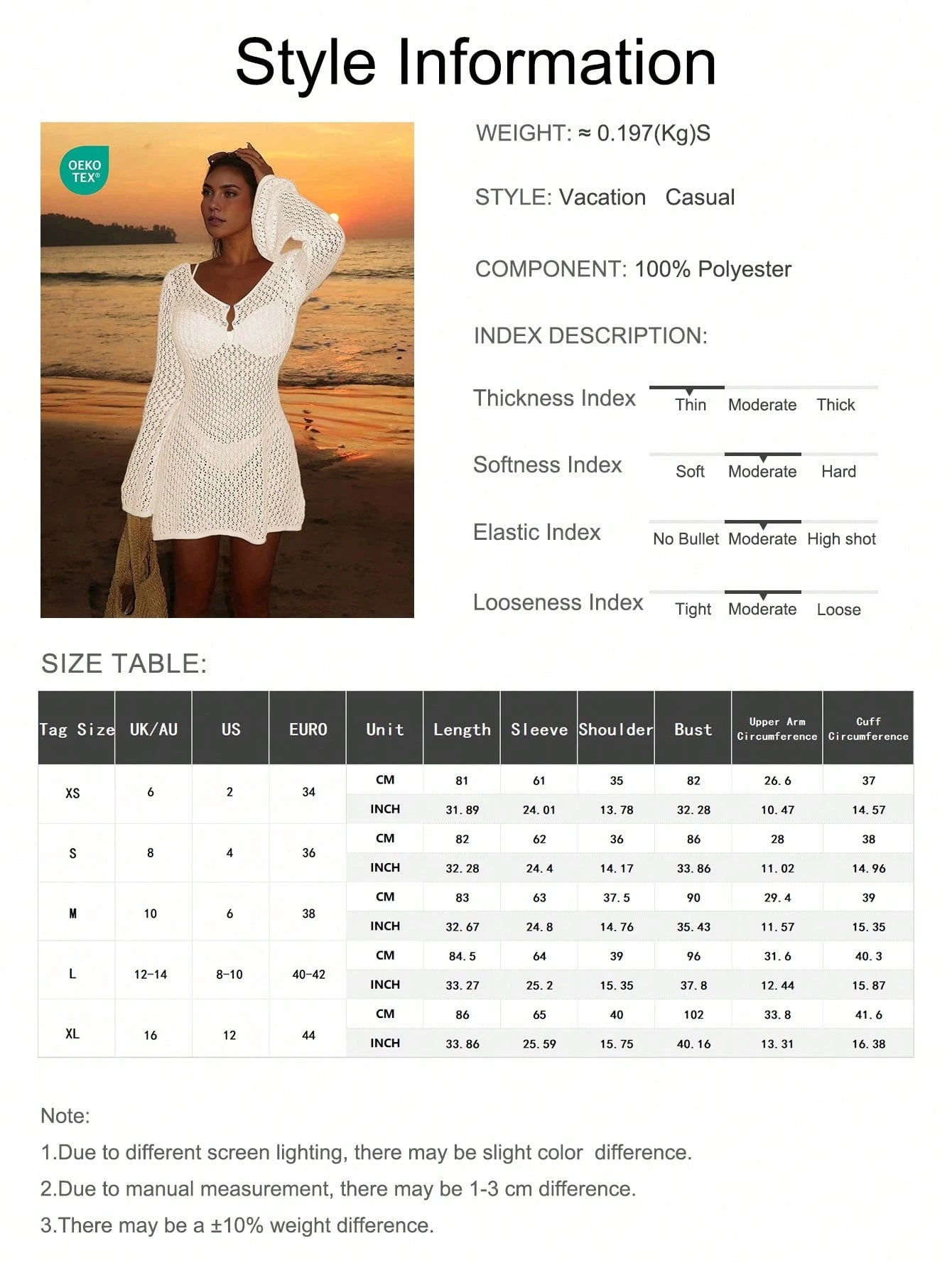 Women's Long Sleeve Hollow Out Swimsuit Cover Up, Elegant Bohemian Beach Resort Style, V-Neck Thin Skirt Vacation Summer