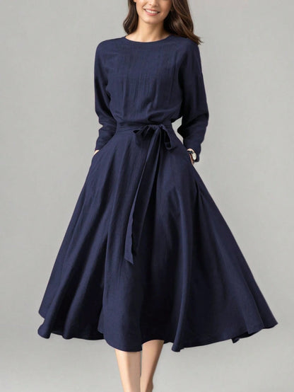 Women's Long Solid Color Casual Dress With Pockets And Tie Waist, Suitable For Wedding Elegant Spring