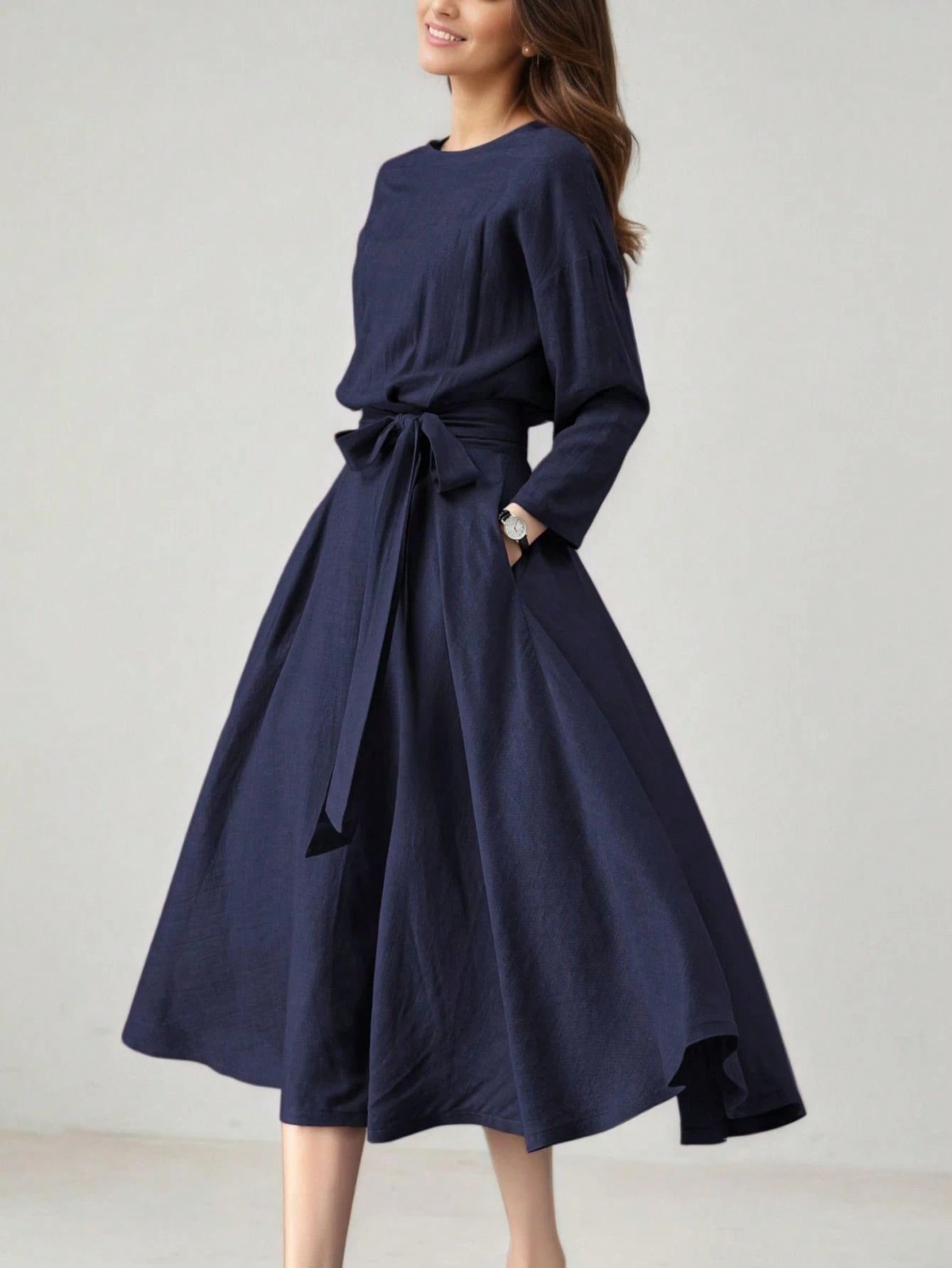 Women's Long Solid Color Casual Dress With Pockets And Tie Waist, Suitable For Wedding Elegant Spring